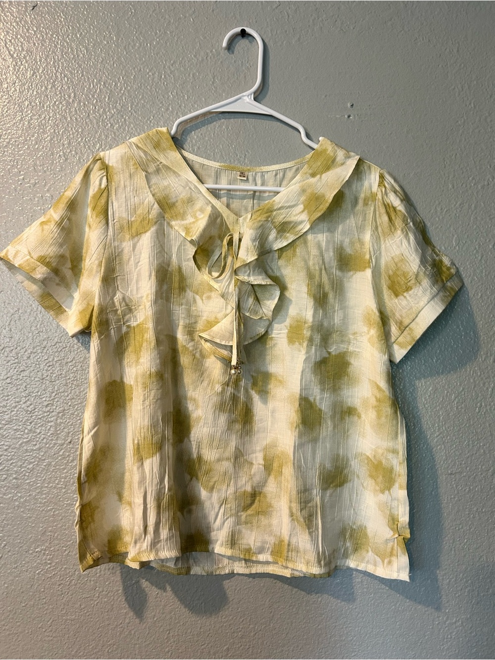 Chartreuse Tie Dye Ruffle V-Neck Blouse - Large